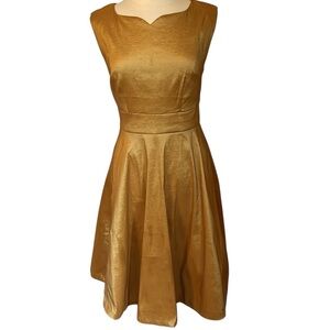 Modcloth Vintage inspired Gold Metallic fit & flare Midi Dress w/tulle Size 10